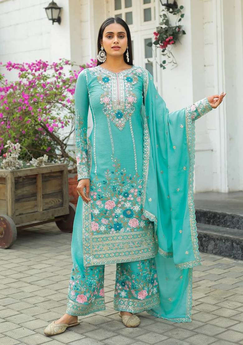Sky Blue Embroidery Chinon Palazzo Set - Indya