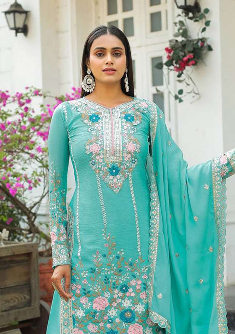 Sky Blue Embroidery Chinon Palazzo Set - Indya