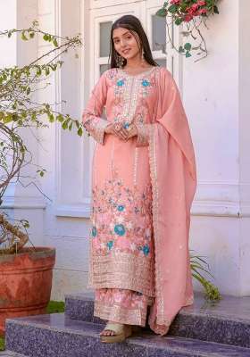 Peach Embroidery Chinon Palazzo Set