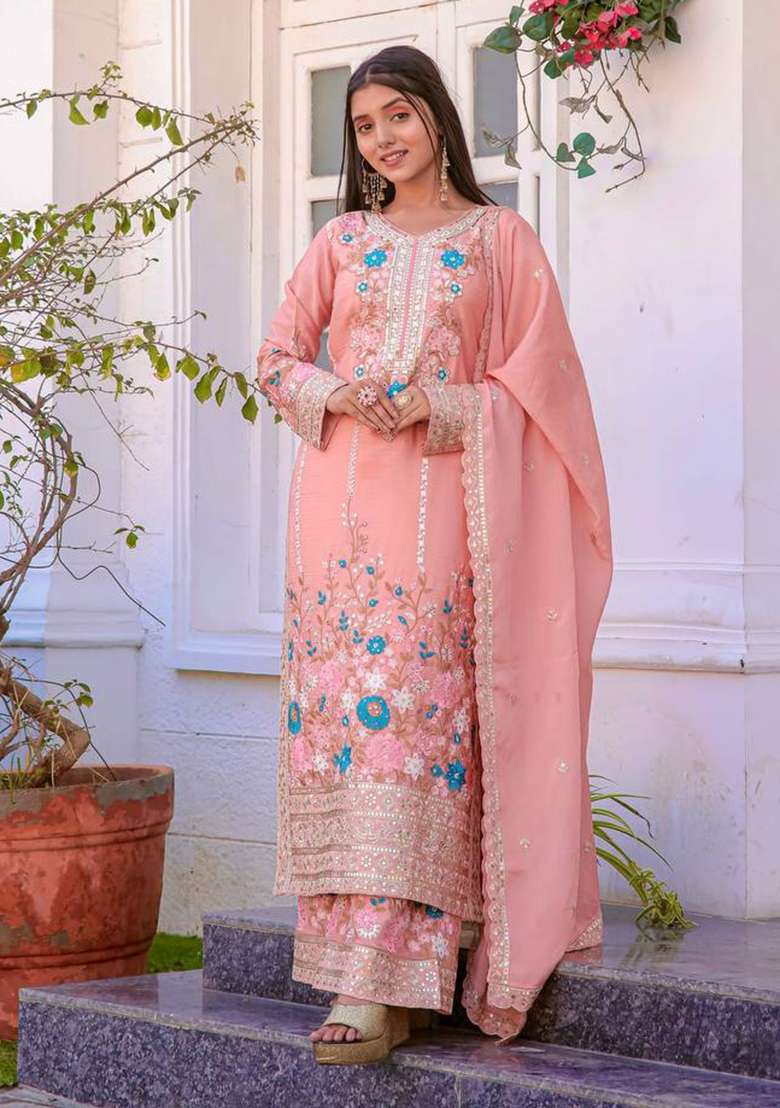 Peach Embroidery Chinon Palazzo Set - Indya