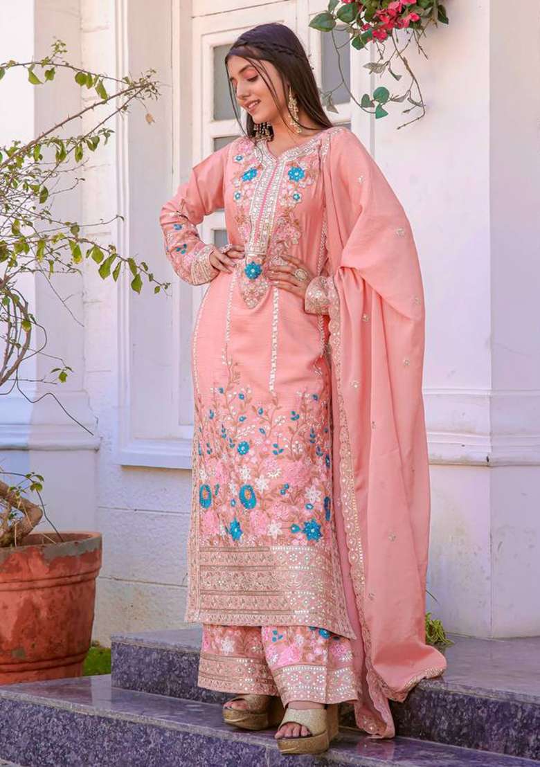 Peach Embroidery Chinon Palazzo Set - Indya