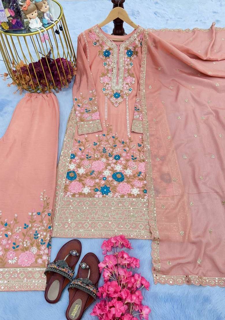 Peach Embroidery Chinon Palazzo Set - Indya