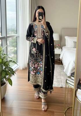 Black Embroidery Chinon Palazzo Set