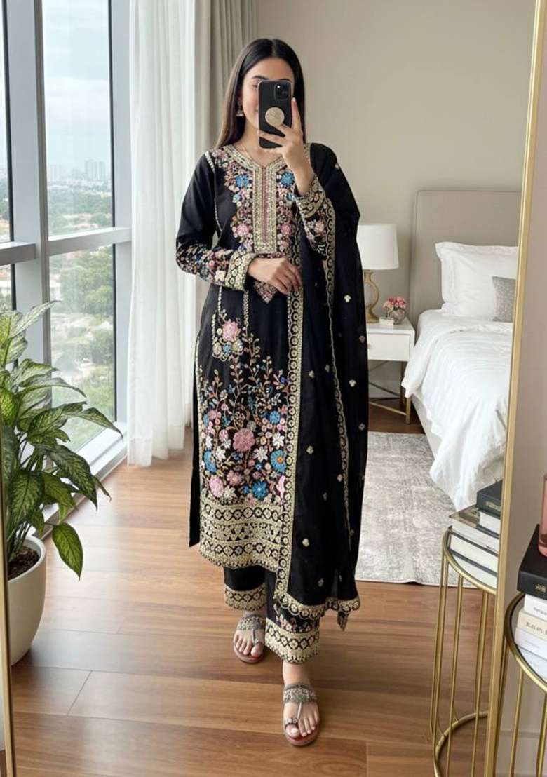 Black Embroidery Chinon Palazzo Set - Indya