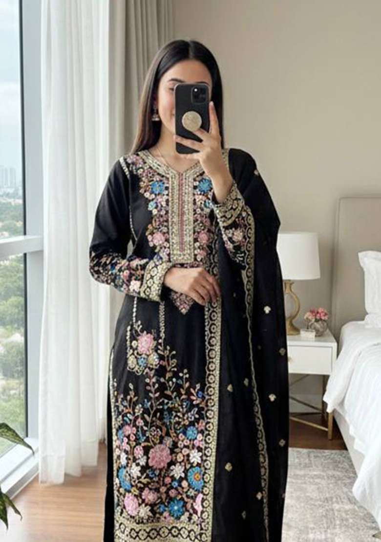 Black Embroidery Chinon Palazzo Set - Indya