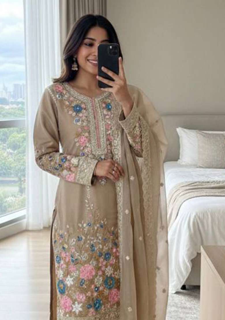 Cream Embroidery Chinon Palazzo Set - Indya