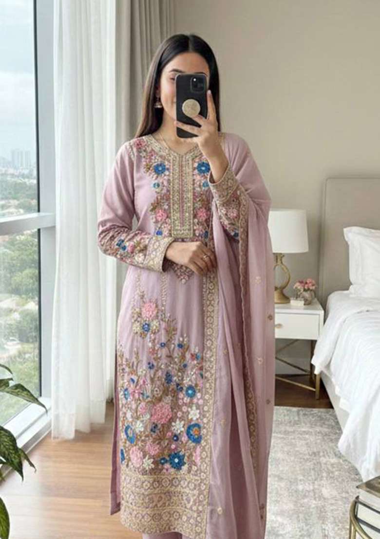 Pink Embroidery Chinon Palazzo Set - Indya