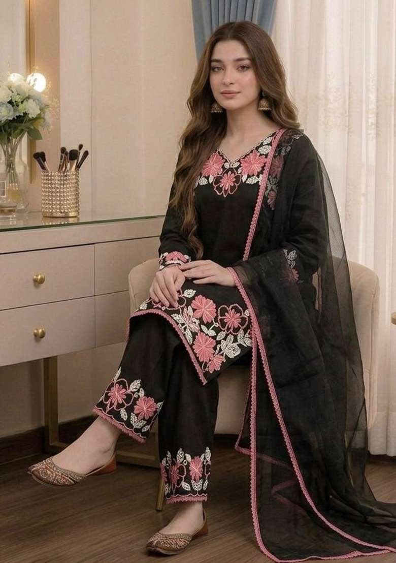 Black Embroidery Satin Palazzo Set - Indya