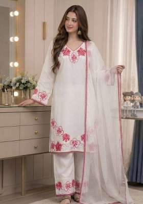 White Embroidery Satin Palazzo Set