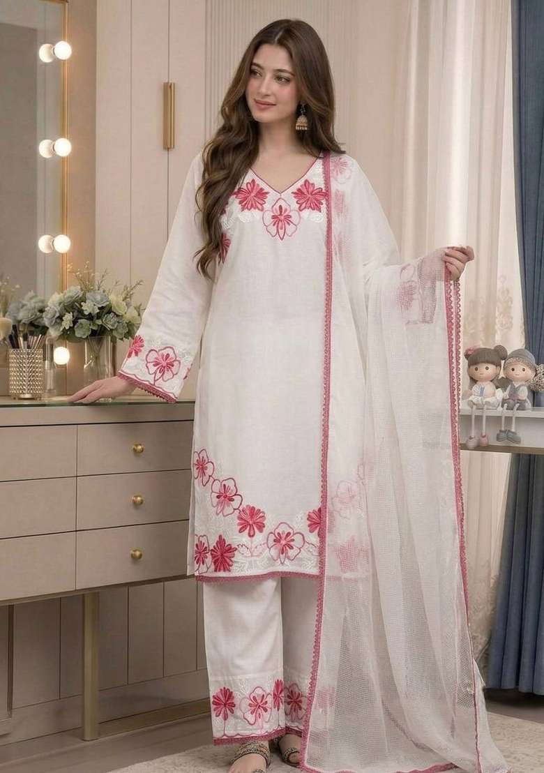 White Embroidery Satin Palazzo Set - Indya