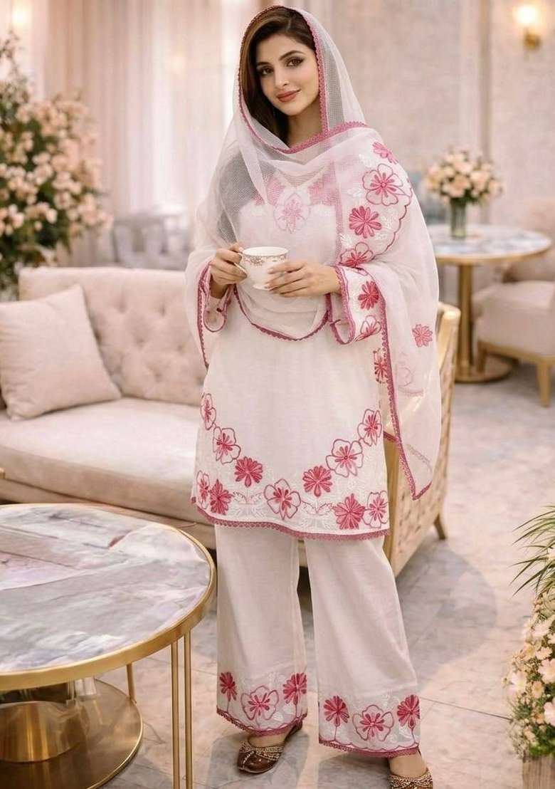 White Embroidery Satin Palazzo Set - Indya
