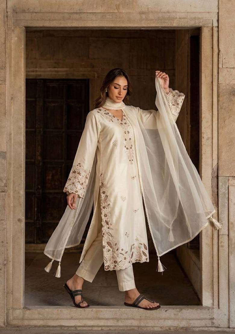 White Embroidery Roman Palazzo Set - Indya
