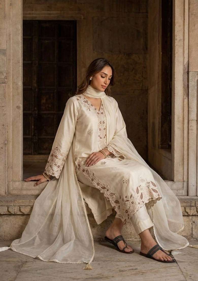 White Embroidery Roman Palazzo Set - Indya