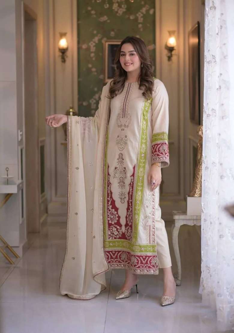 Off White Embroidery Roman Palazzo Set - Indya