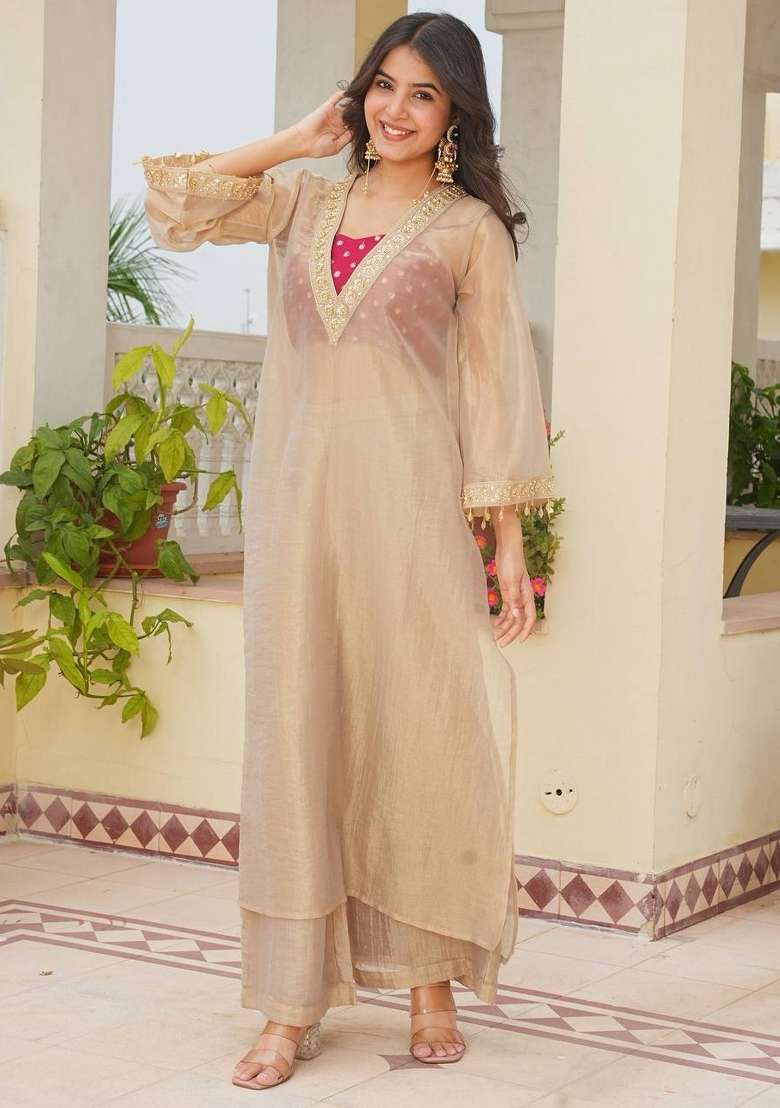 Off White Embroidery Tissue Palazzo Set - Indya