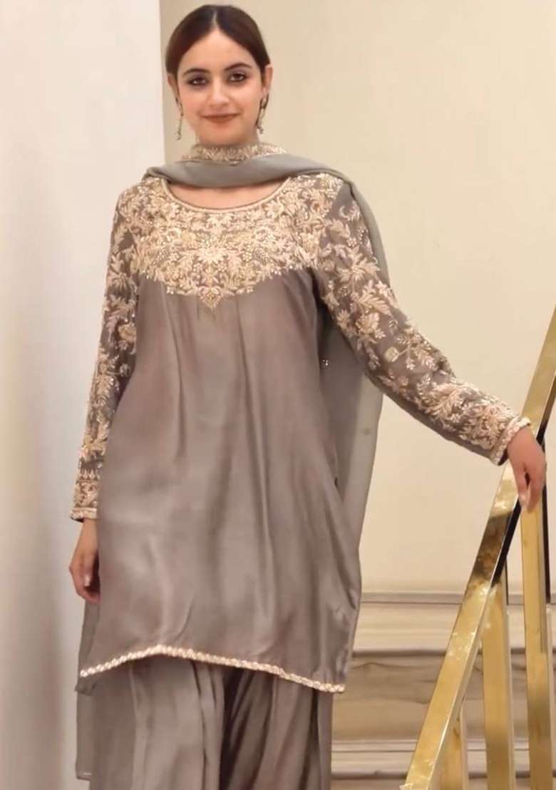 Grey Embroidery Chinon Palazzo Set - Indya