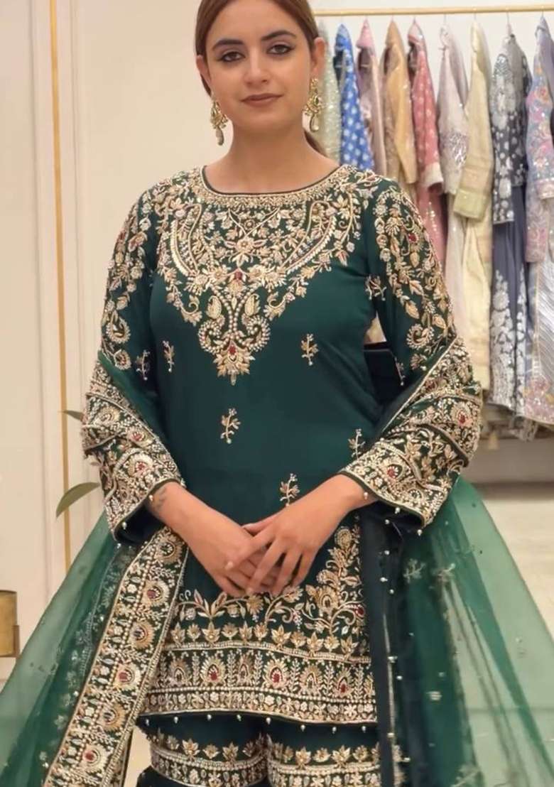Green Embroidery Georgette Palazzo Set - Indya