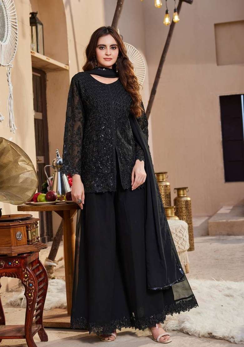 Black Embroidery Georgette Palazzo Set - Indya