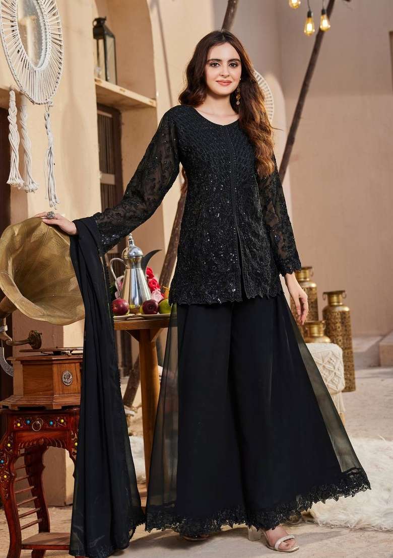 Black Embroidery Georgette Palazzo Set - Indya