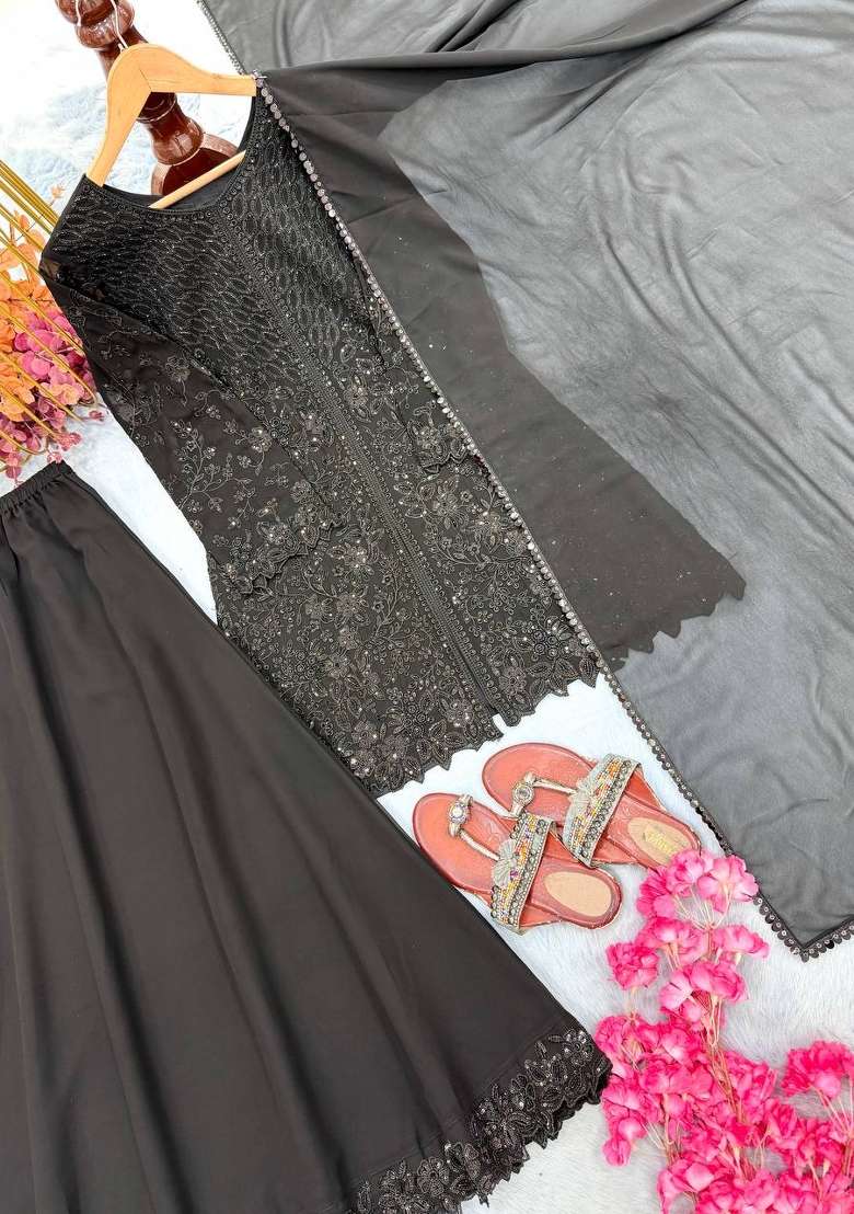 Black Embroidery Georgette Palazzo Set - Indya