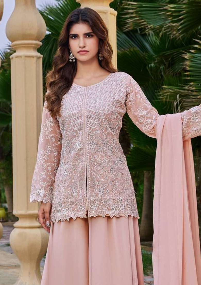 Peach Embroidery Georgette Palazzo Set - Indya
