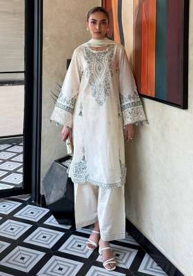 Off White Embroidery Satin Palazzo Set