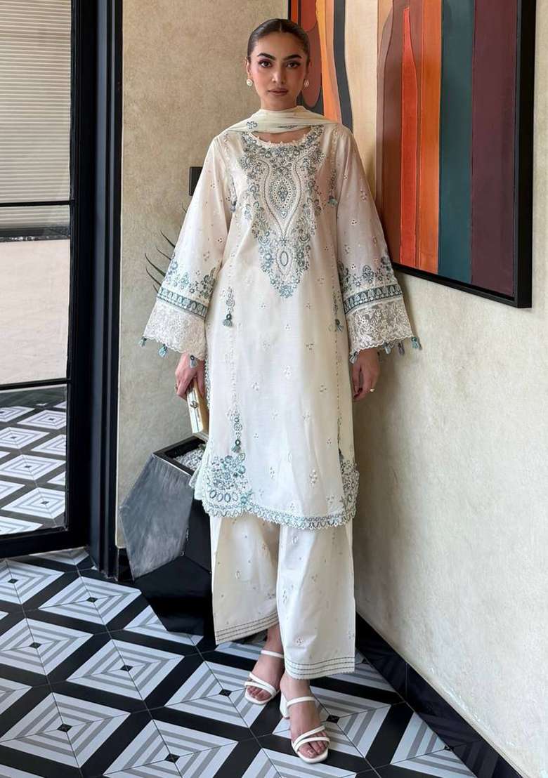 Off White Embroidery Satin Palazzo Set - Indya