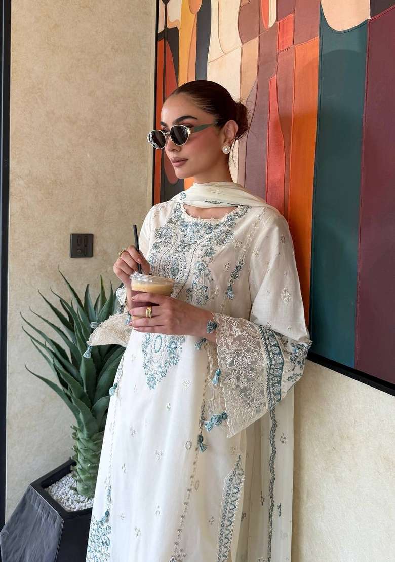 Off White Embroidery Satin Palazzo Set - Indya