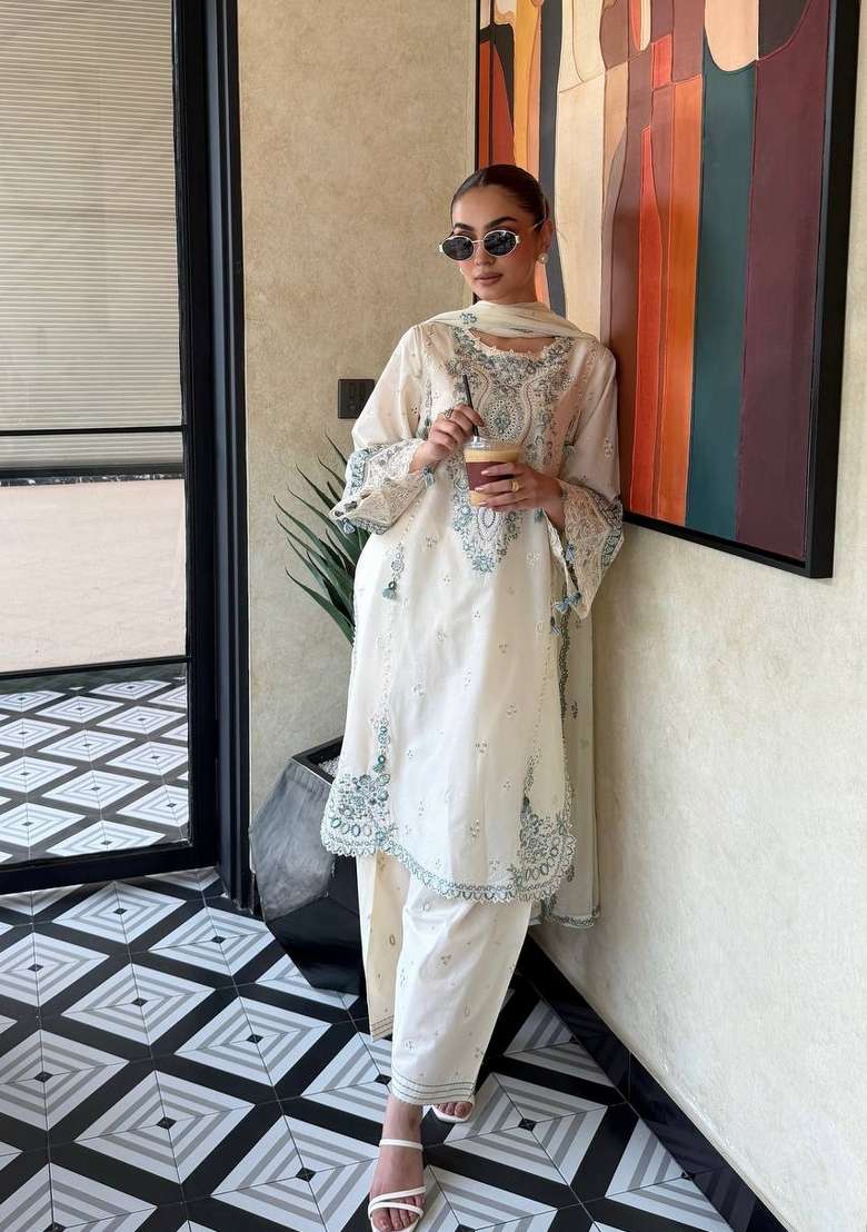 Off White Embroidery Satin Palazzo Set - Indya