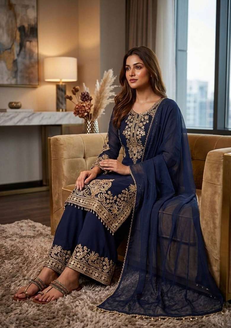 Black Embroidery Georgette Palazzo Set - Indya