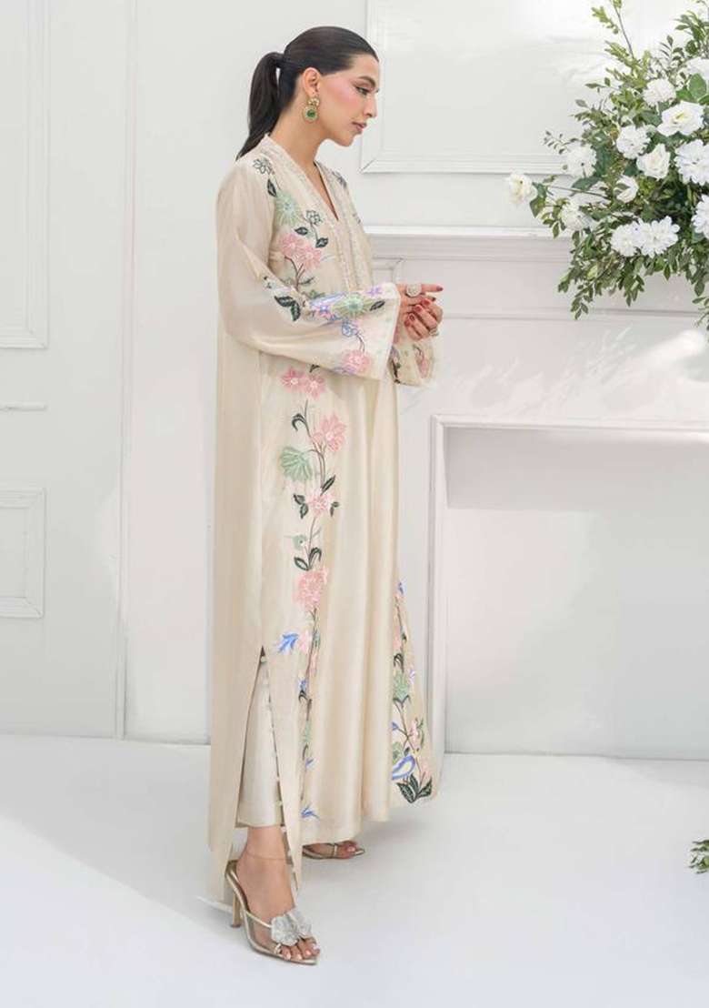 Off White Embroidery Roman Palazzo Set - Indya