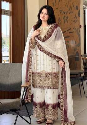 Brown Embroidery Georgette Palazzo Set