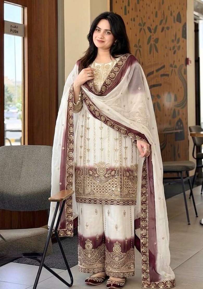Brown Embroidery Georgette Palazzo Set - Indya
