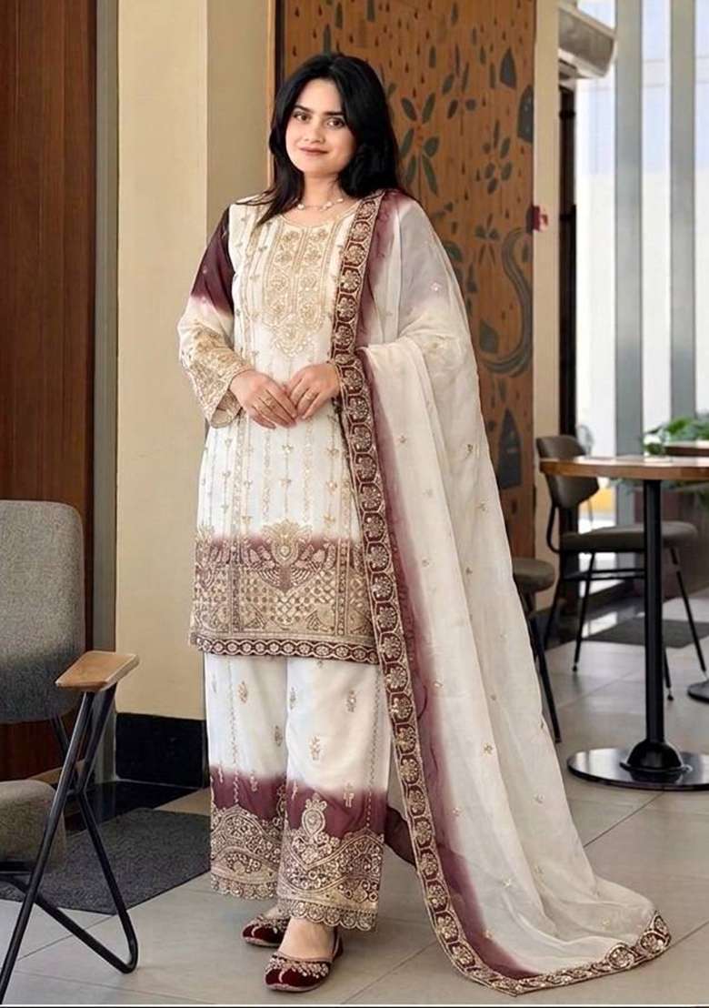 Brown Embroidery Georgette Palazzo Set - Indya
