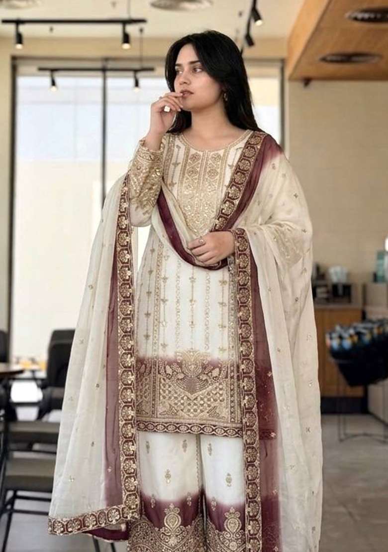 Brown Embroidery Georgette Palazzo Set - Indya