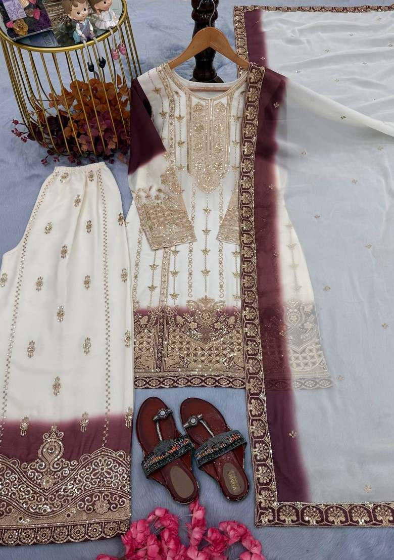 Brown Embroidery Georgette Palazzo Set - Indya