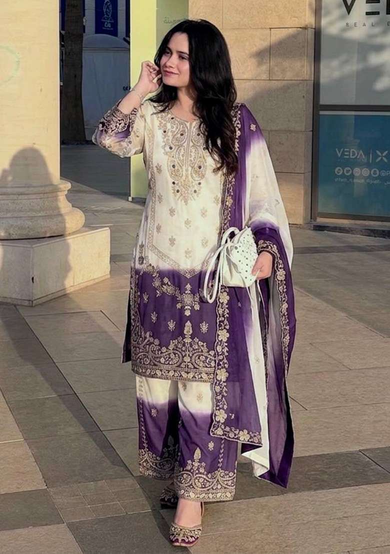 Purple Embroidery Georgette Palazzo Set - Indya