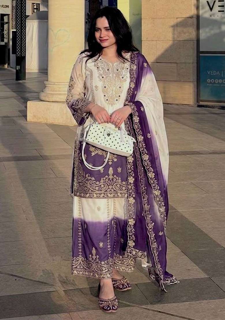 Purple Embroidery Georgette Palazzo Set - Indya