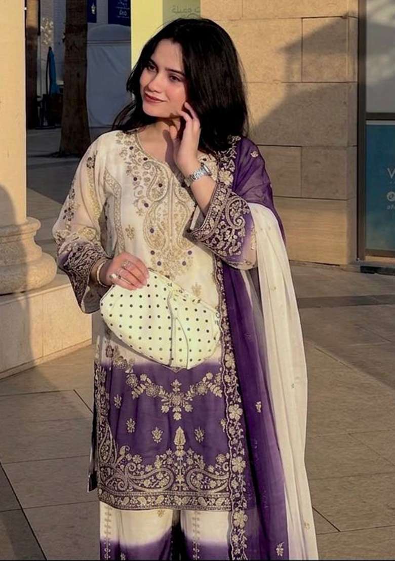 Purple Embroidery Georgette Palazzo Set - Indya
