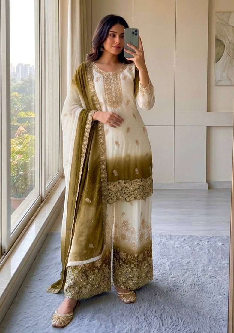 Mustard Embroidery Georgette Palazzo Set - Indya