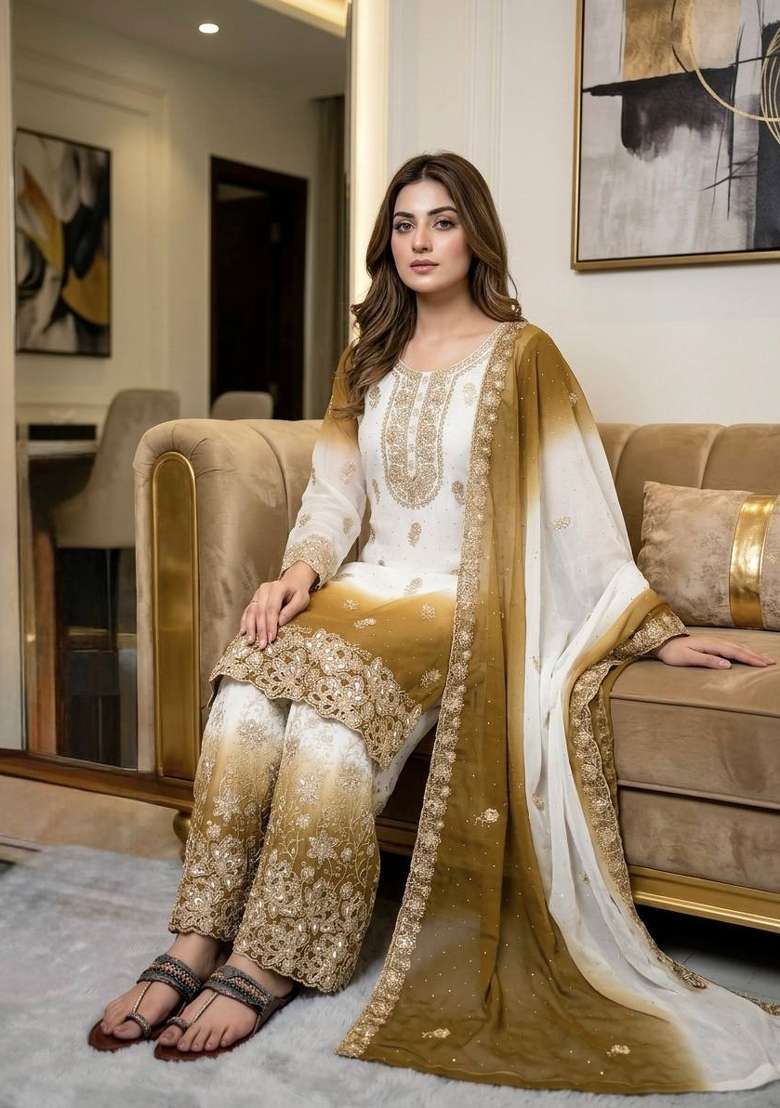 Mustard Embroidery Georgette Palazzo Set - Indya
