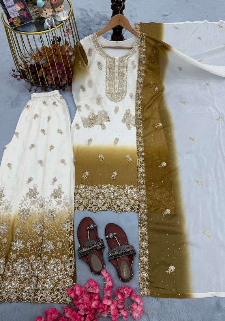 Mustard Embroidery Georgette Palazzo Set - Indya