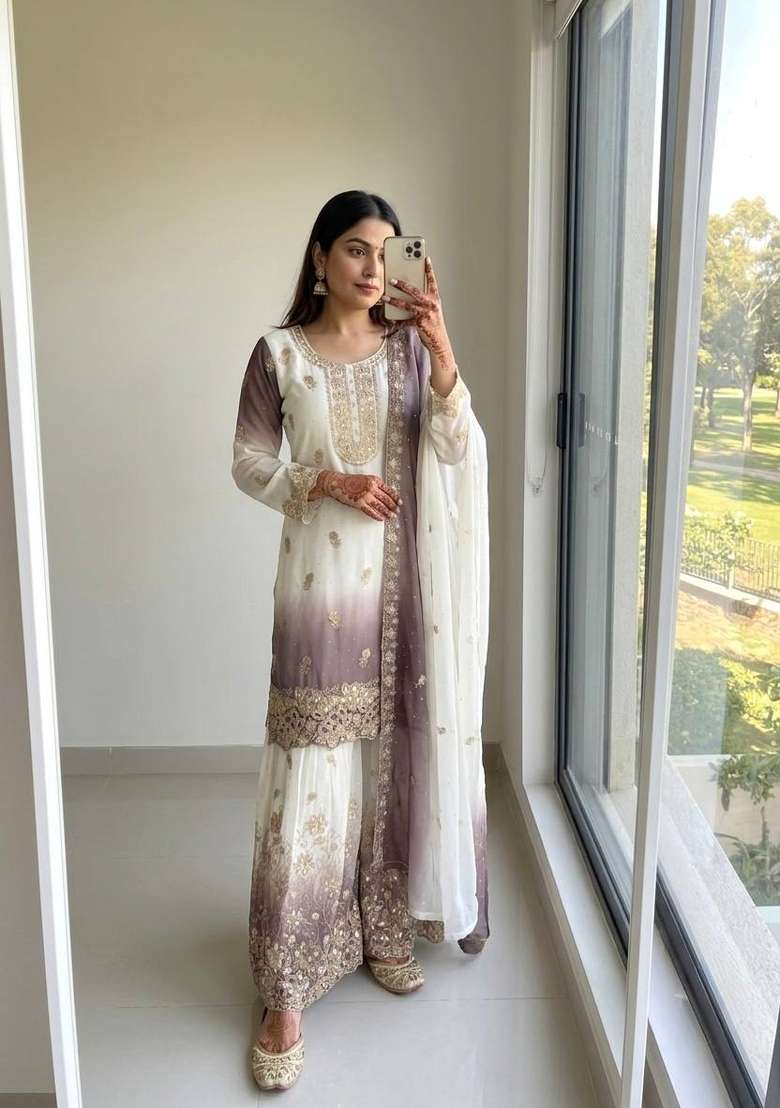 Brown Embroidery Georgette Palazzo Set - Indya
