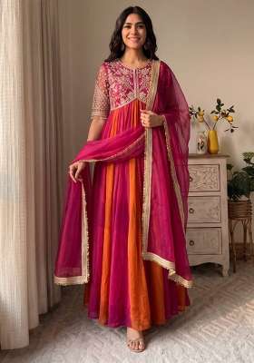 Pink Embroidery Silk Gown Set