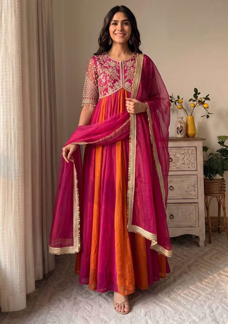 Pink Embroidery Silk Gown Set - Indya