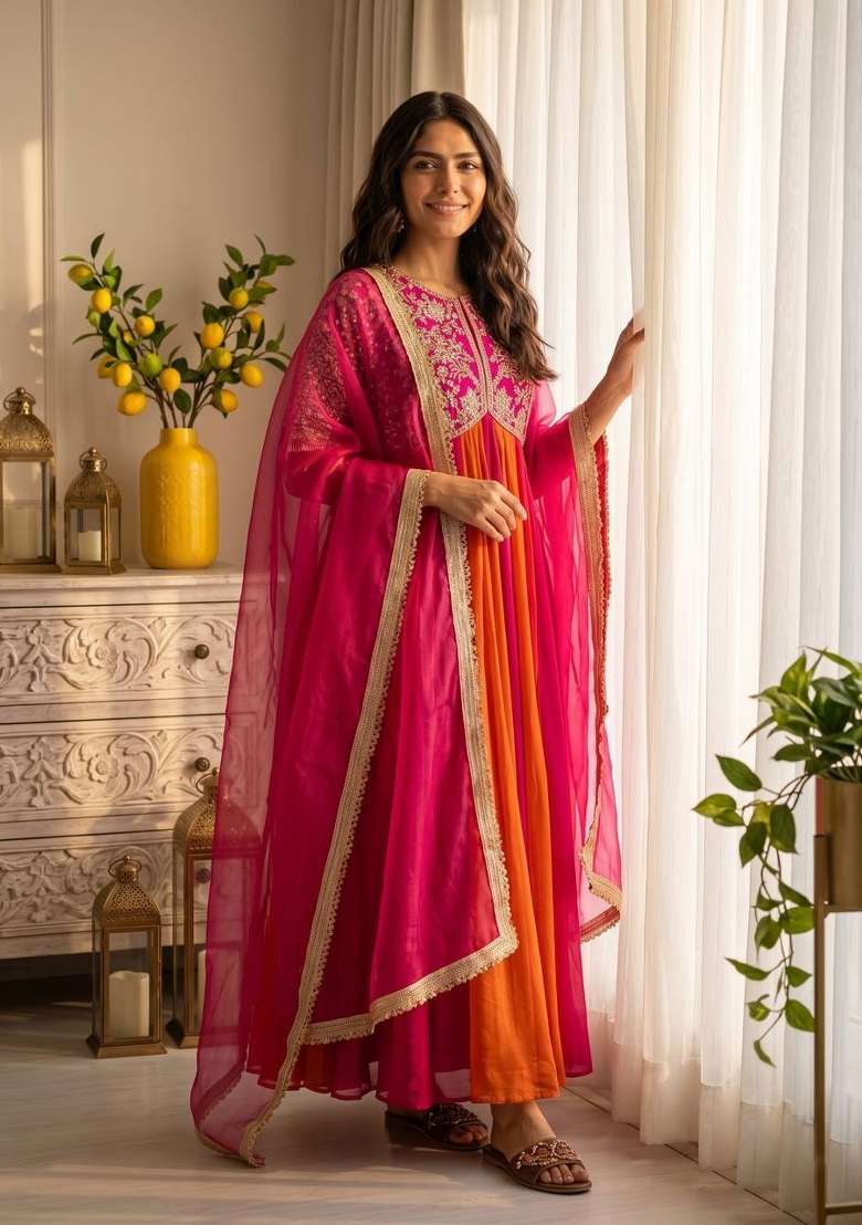 Pink Embroidery Silk Gown Set - Indya