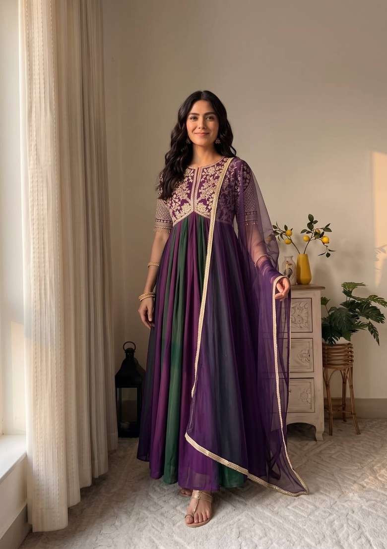 Purple Embroidery Silk Gown Set - Indya
