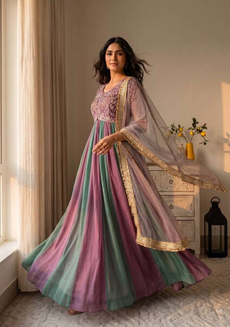 Lavender Embroidery Silk Gown Set - Indya