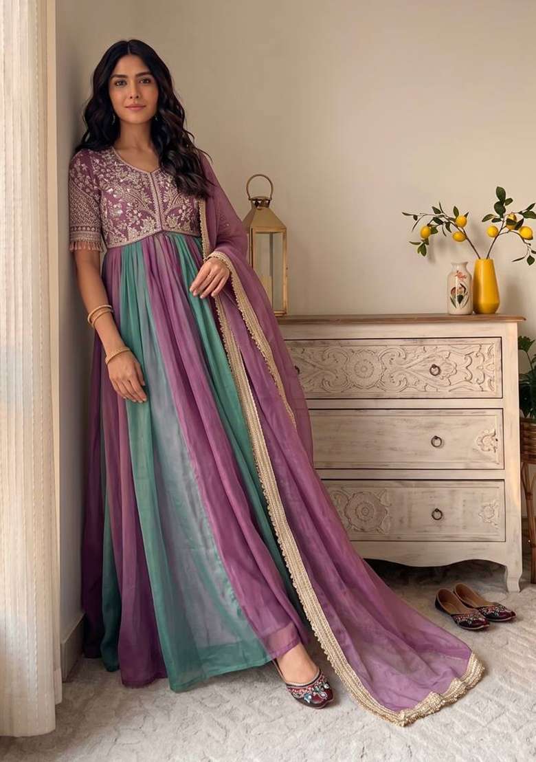 Lavender Embroidery Silk Gown Set - Indya