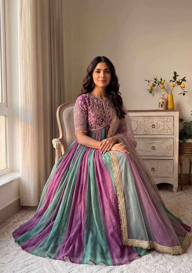 Lavender Embroidery Silk Gown Set - Indya